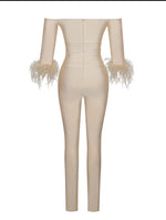 Load image into Gallery viewer, “Trophy Wife” Shoulder Feather Sleeve Bandage Jumpsuit
