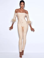 Load image into Gallery viewer, “Trophy Wife” Shoulder Feather Sleeve Bandage Jumpsuit
