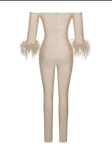 “Trophy Wife” Shoulder Feather Sleeve Bandage Jumpsuit