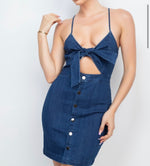 Load image into Gallery viewer, BOW TIE CUT OUT DENIM DRESS
