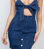 Load image into Gallery viewer, BOW TIE CUT OUT DENIM DRESS
