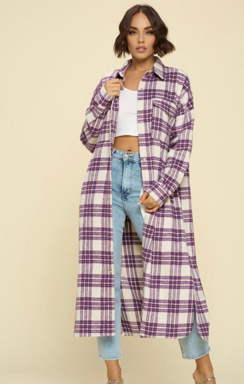 "BACK OUTSIDE" PLAID DUSTER JACKET